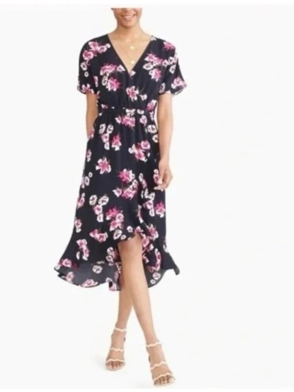 Jcrew Floral V-Neck High-Low Midi Dress